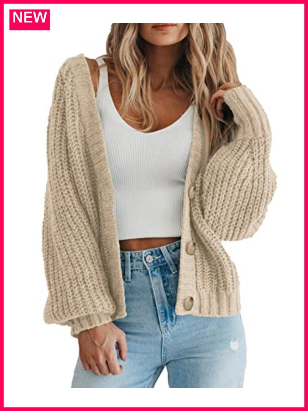 Chunky Knit Open Front Cardigan Long Sleeve V-Neck Button Down Sweater